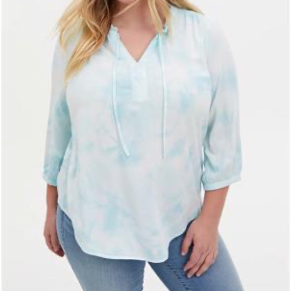 Torrid 1 Aqua Tie-Dye Twill Peasant Blouse
